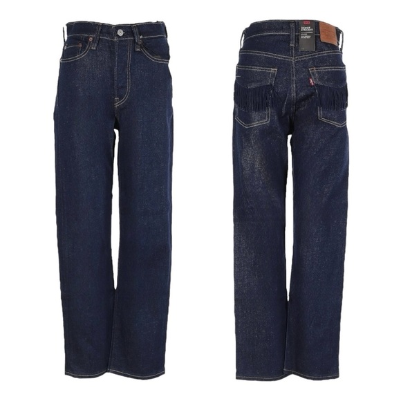 Levi’s Wedgie Straight Jeans 27 NWT Dark Blue Fringe Ankle High Rise Western - Picture 1 of 9